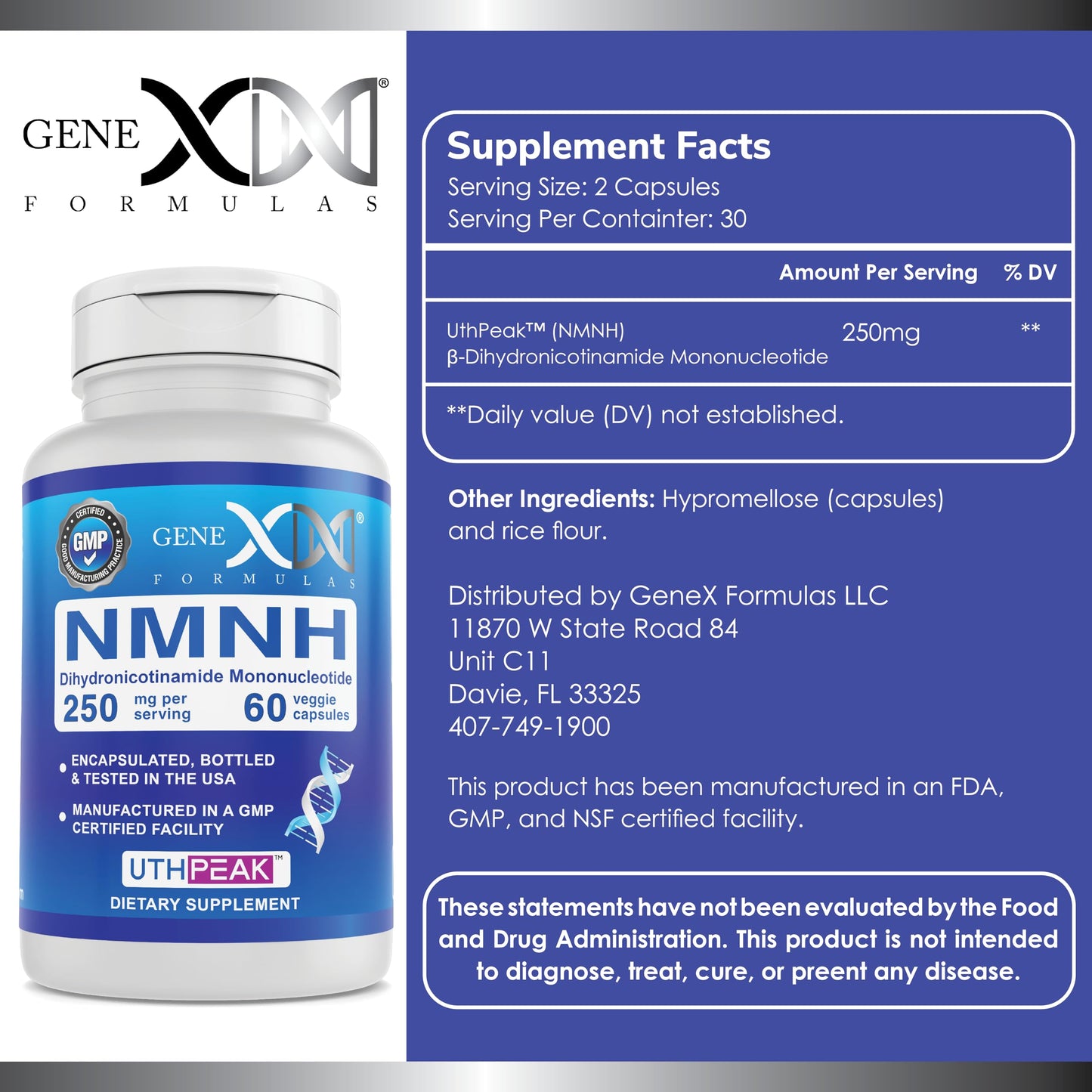 Genex Formulas 250mg NMNH (60 Capsules - 30 Servings) | Uthpeak™ NMNH (Dihydronicotinamide Mononucleotide) NAD+ Precursor for Healthy Aging - Non-GMO, Gluten-Free, Vegetarian Genex FormulasBuy Supplements Australia