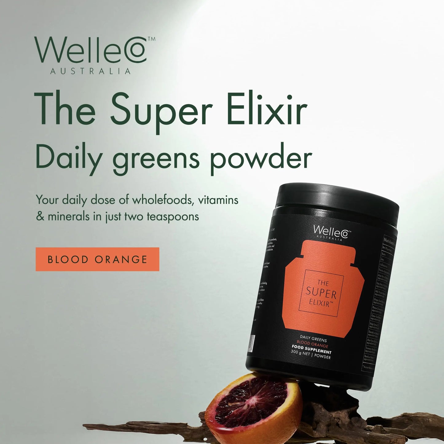 WelleCo The Super Elixir Daily Greens Powder, Probiotic Drink Mix with Whole Foods, Gluten Free, Vegan Gut Health Powder, Energy, Immunity, Healthy Skin, Hair & Nails (Jar, Blood Orange) WelleCo buy supplements Au