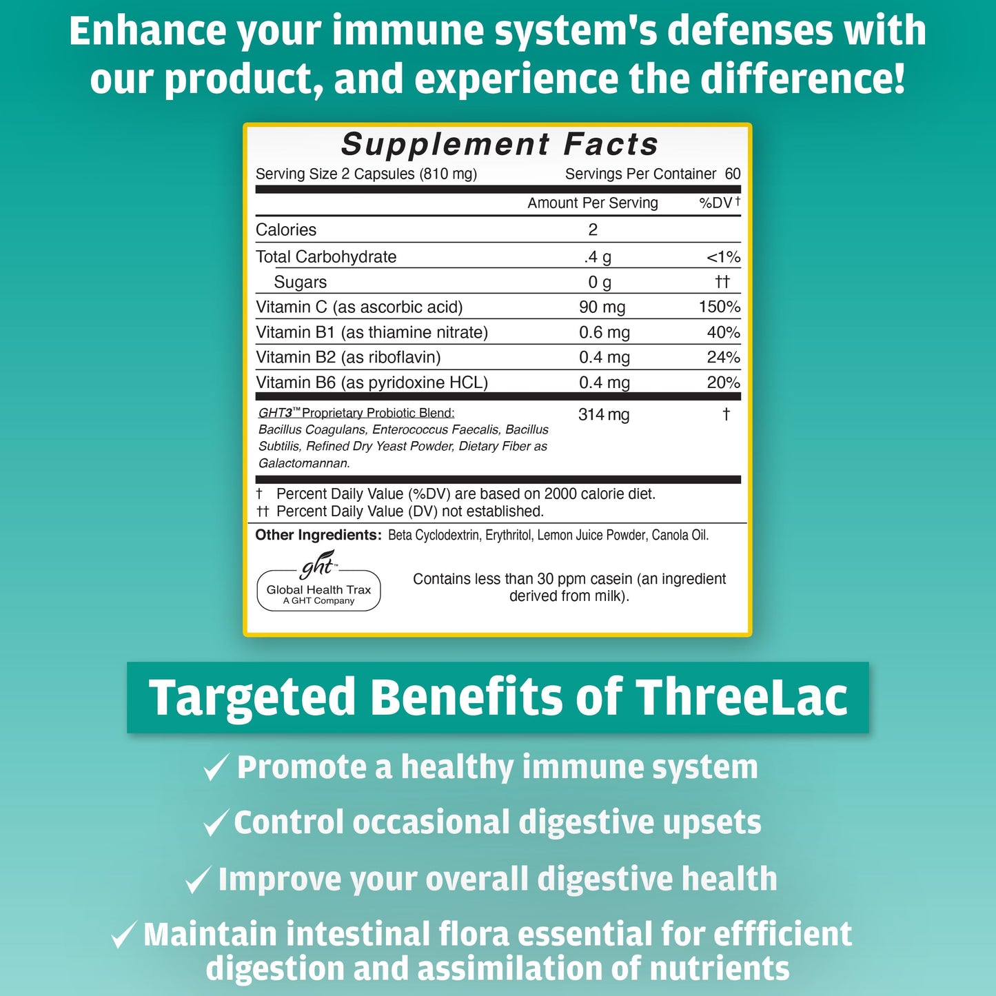 Global Health Trax GHT - ThreeLac Probiotic Capsules, 120 Count - Comprehensive Digestive Support for Men, Women, and Children - Immune System and Gut Balance, Non-GMO ght Global Health TraxBuy Supplements Australia