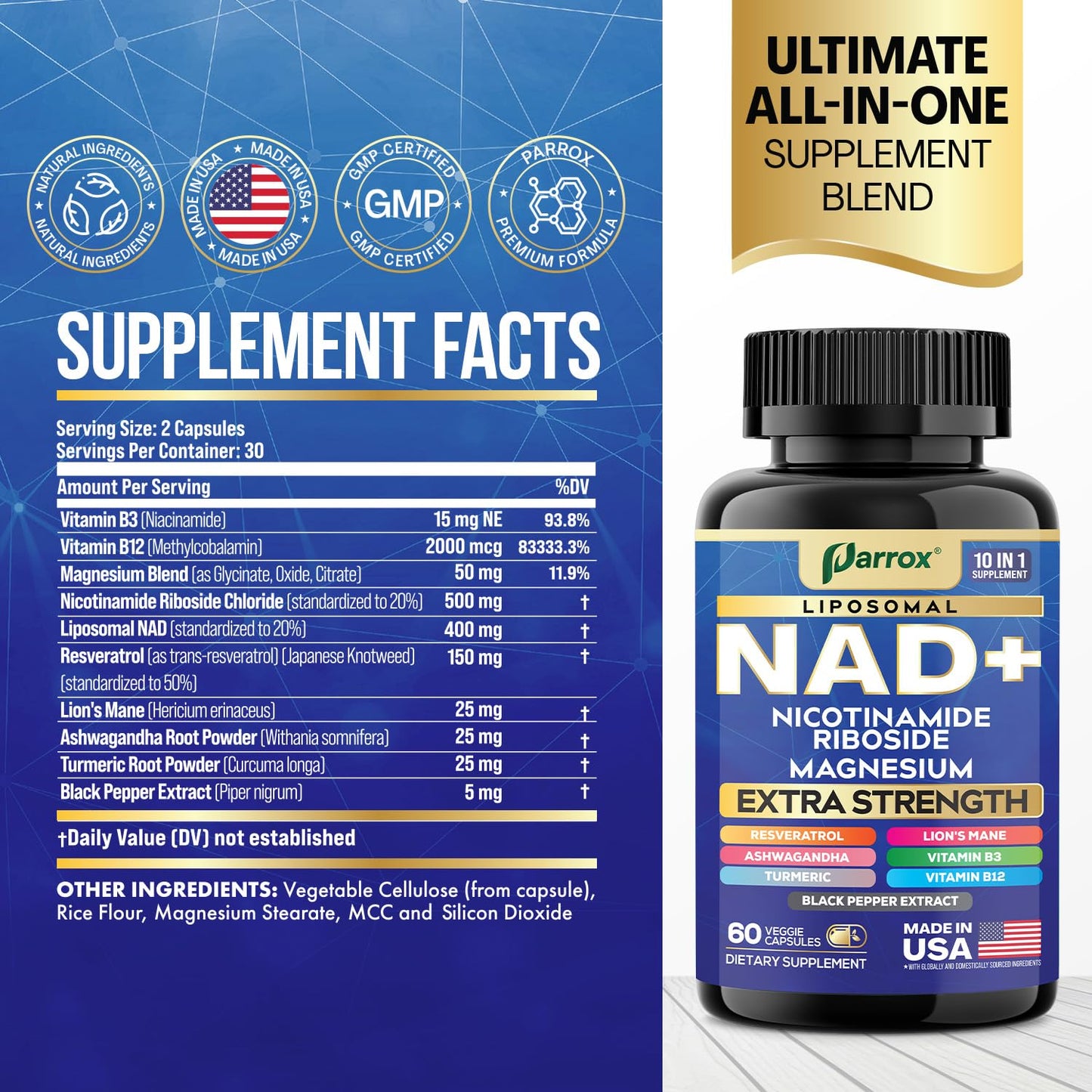 Parrox NAD+ Supplement with Liposomal NAD+, Nicotinamide Riboside, Magnesium, Vitamin B3 & B12, Resveratrol, Turmeric, Ashwagandha, Lion’s Mane,10-in-1 Extra Strength ParroxBuy Supplements Australia