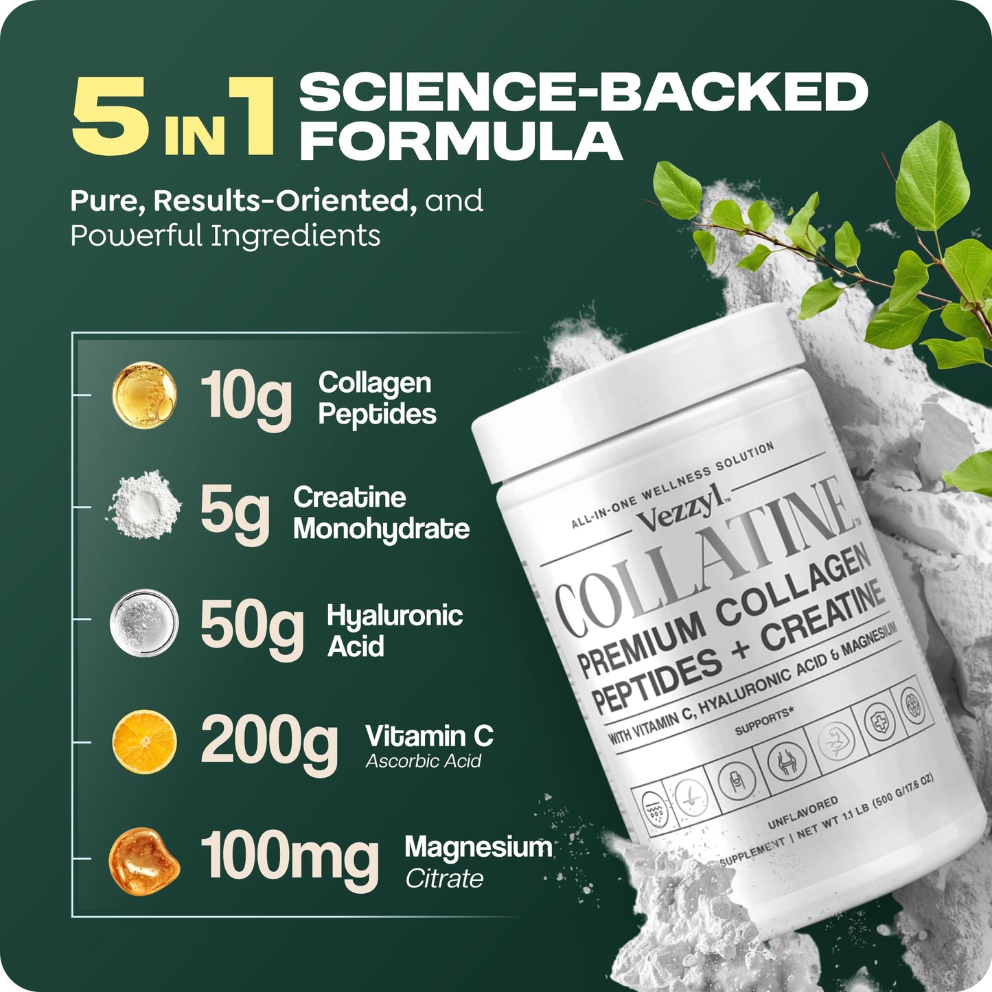 Vezzyl - Collatine - Premium Collagen Peptides + Creatine with Vitamin C, Hyaluronic Acid and Magnesium for Skin, Hair, Nails, Bone & Joint, Muscle, Immune and Cognitive Aid (.55 LB (250 G/8.8 OZ) VezzylBuy Supplements Australia