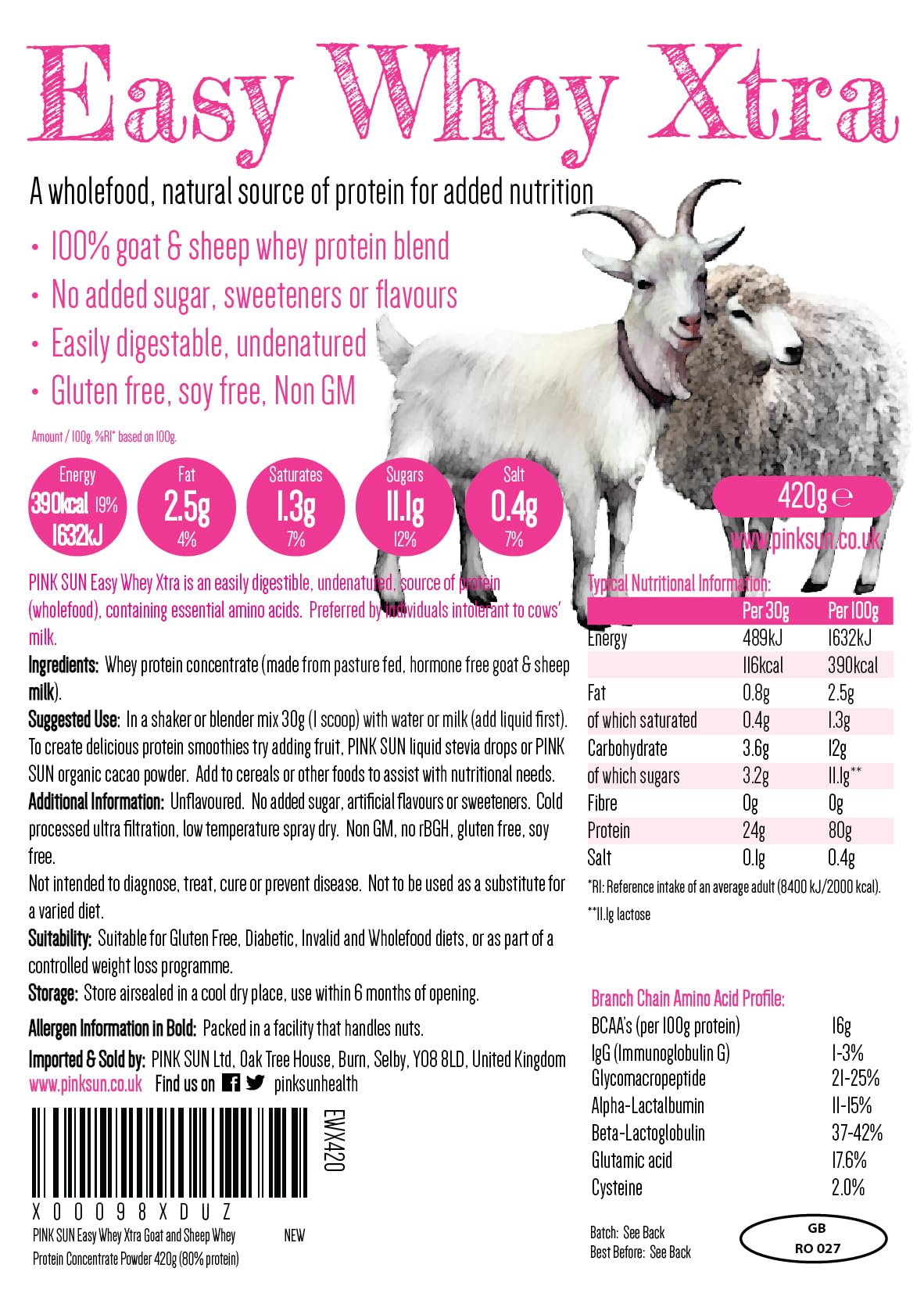 PINK SUN Goat Sheep Whey Protein Powder 420g (80% Protein) Pure Unflavoured Concentrate PINK SUN