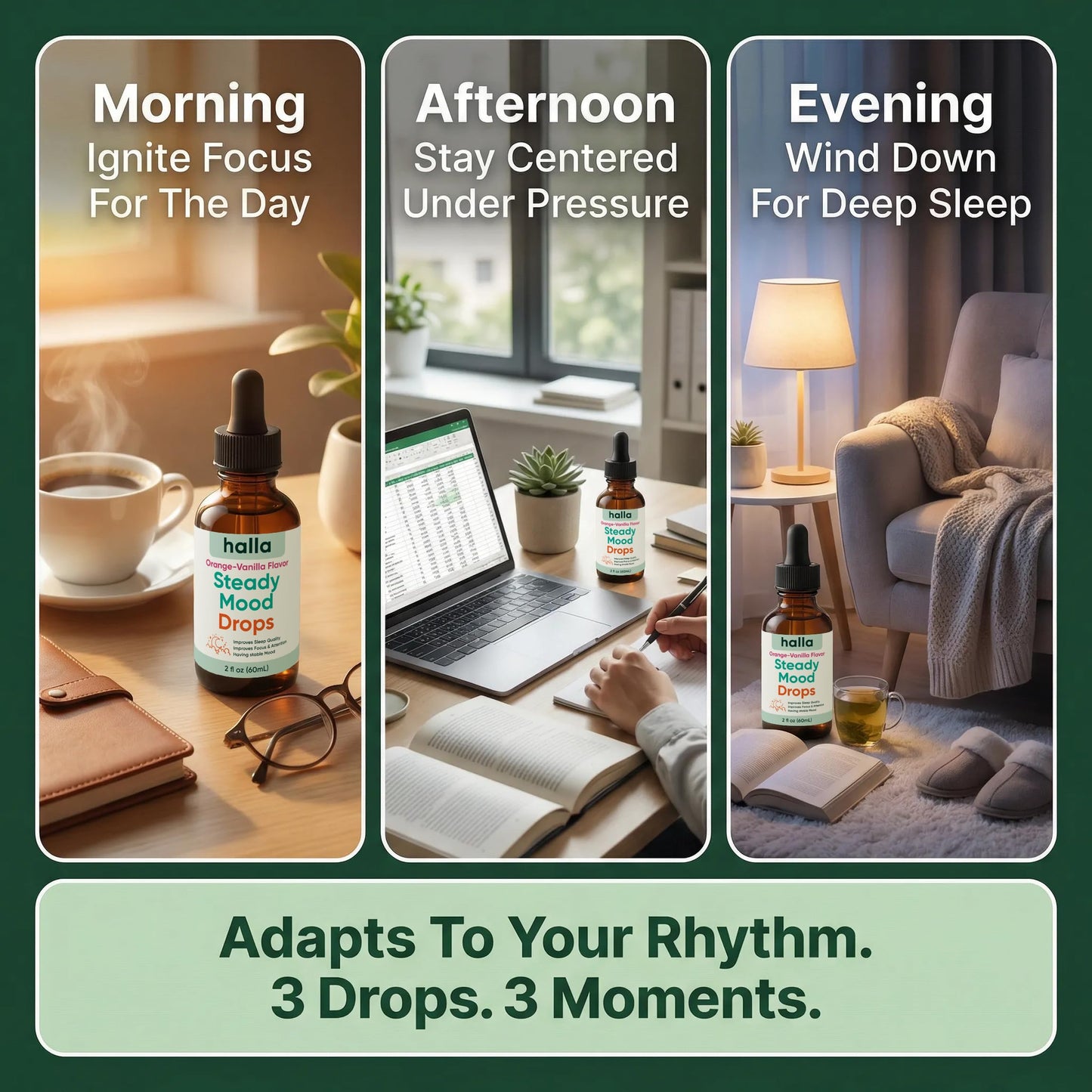 Halla Steady Mood Drops Saffron Extract, Maritime Pine Bark Extract, Phosphatidylserine, Magnesium L-Threonate, Sleep Supplements, Improves Focus & Attention, Mood Support Supplement, 60ml HALLA buy supplements Au