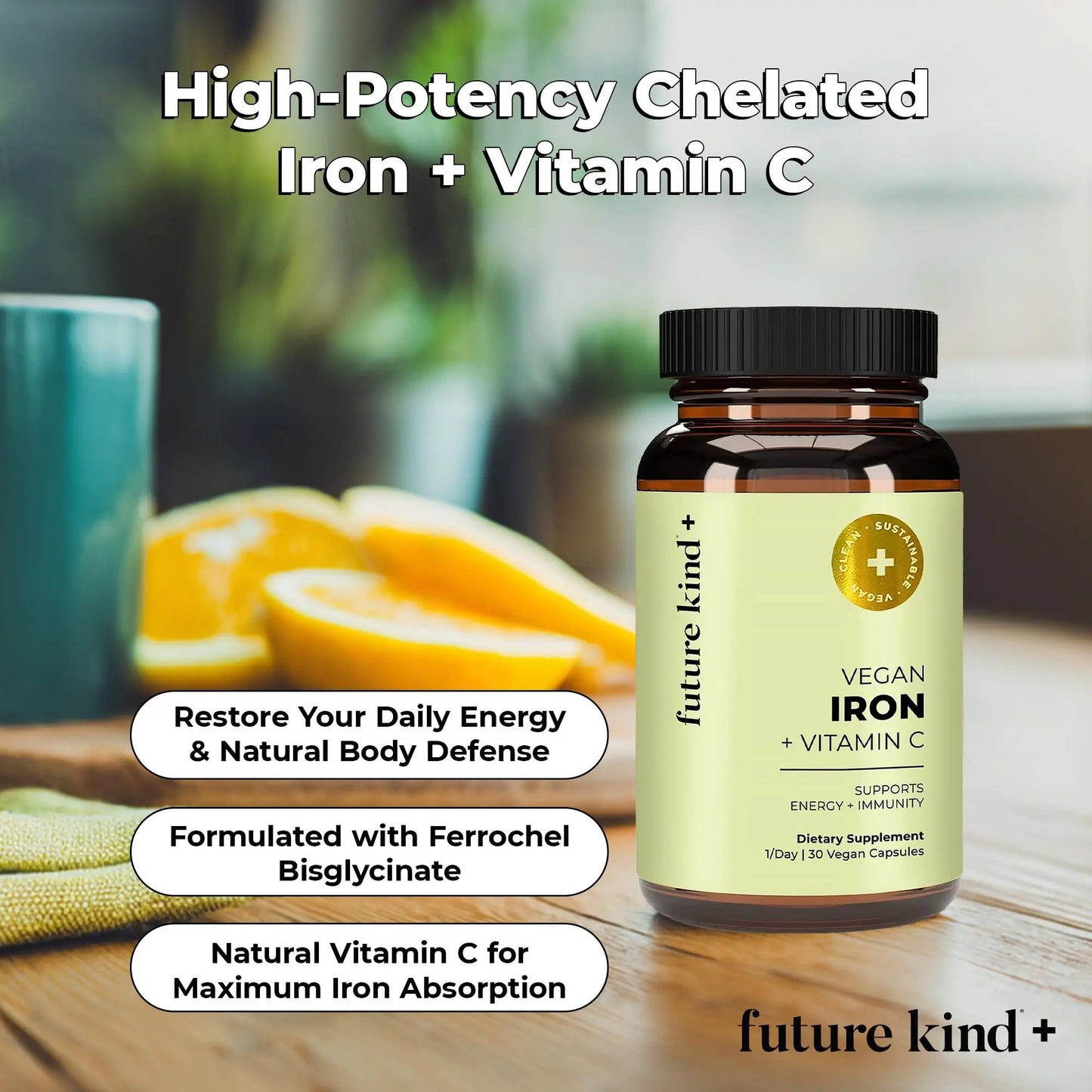 Future Kind Iron Supplement for Women and Men, Daily Energy & Focus, Chelated Iron Bisglycinate, 18mg 100% DV with Vitamin C for Absorption - Gentle on Stomach, Non-GMO Vegan Capsules, 30 Day Supply Future Kind buy supplements Au