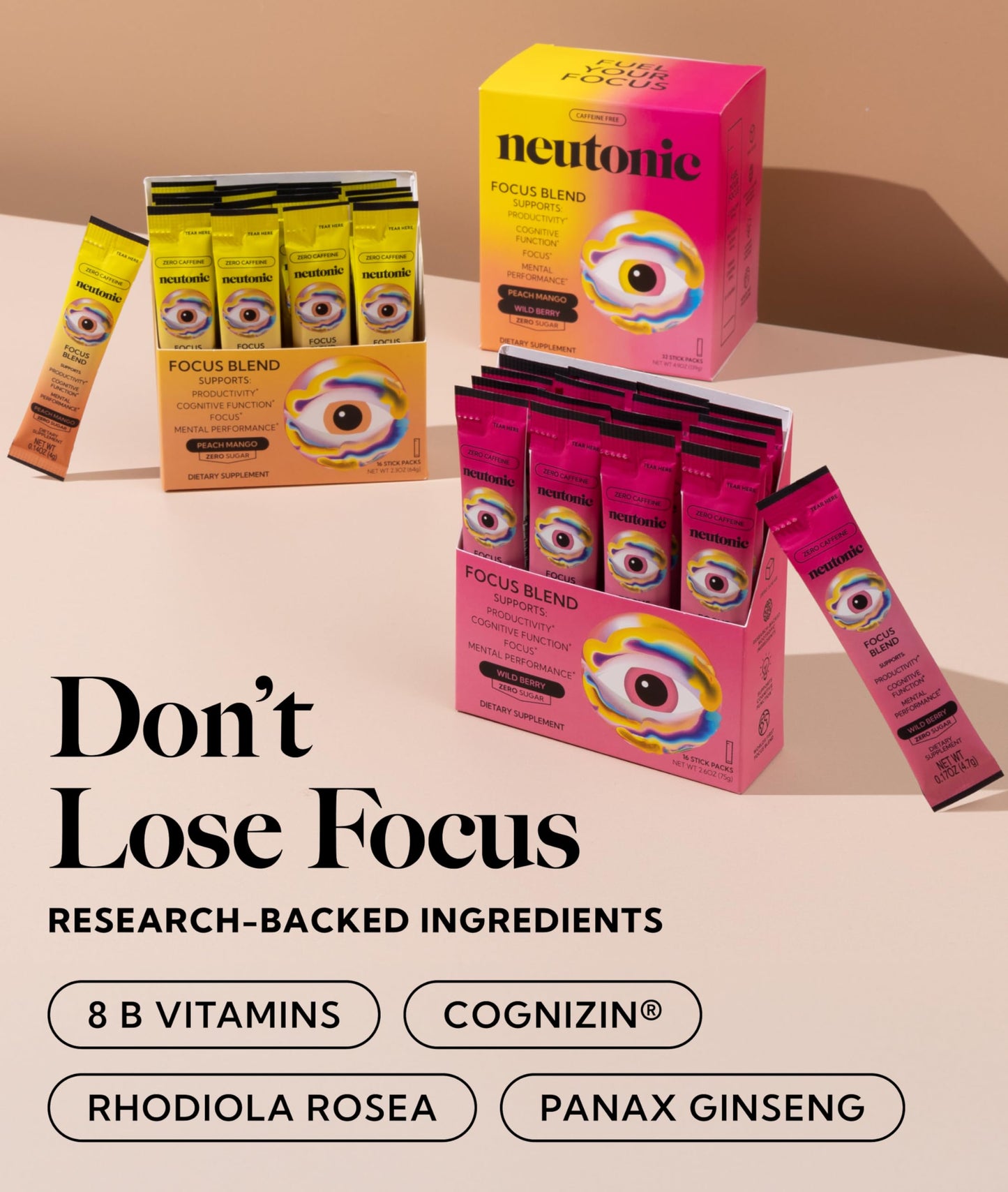 Neutonic Nootropic Focus Blend Powder | Peach Mango & Wild Berry 32 Sticks | Caffeine Free, Zero Sugar | Support Memory, Mental Clarity, Cognitive Function | Boost Focus, Energy, Brain Health NeutonicBuy Supplements Australia