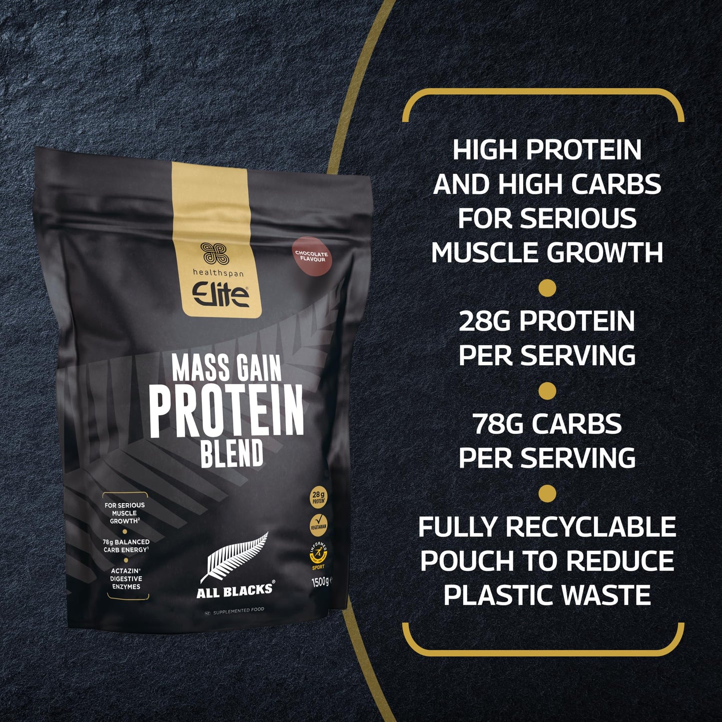 Healthspan Elite All Blacks Mass Gain Protein Blend (1500g) | Chocolate | 28g of Protein Healthspan Elite