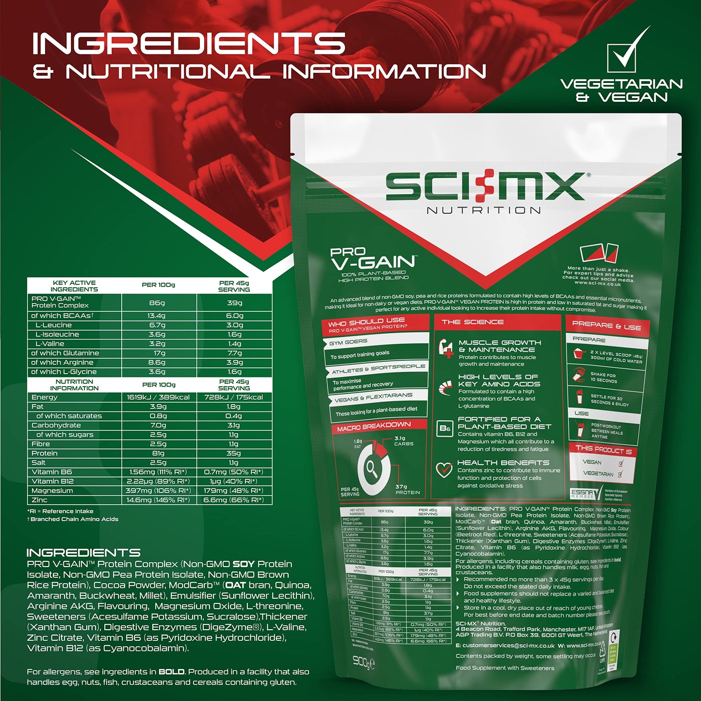 SCI-MX Pro V Gain 100% Plant Based Vegan Protein Formula With No Added Sugar - Chocolate Flavour - 900g - 20 SERVINGS SCI-MX
