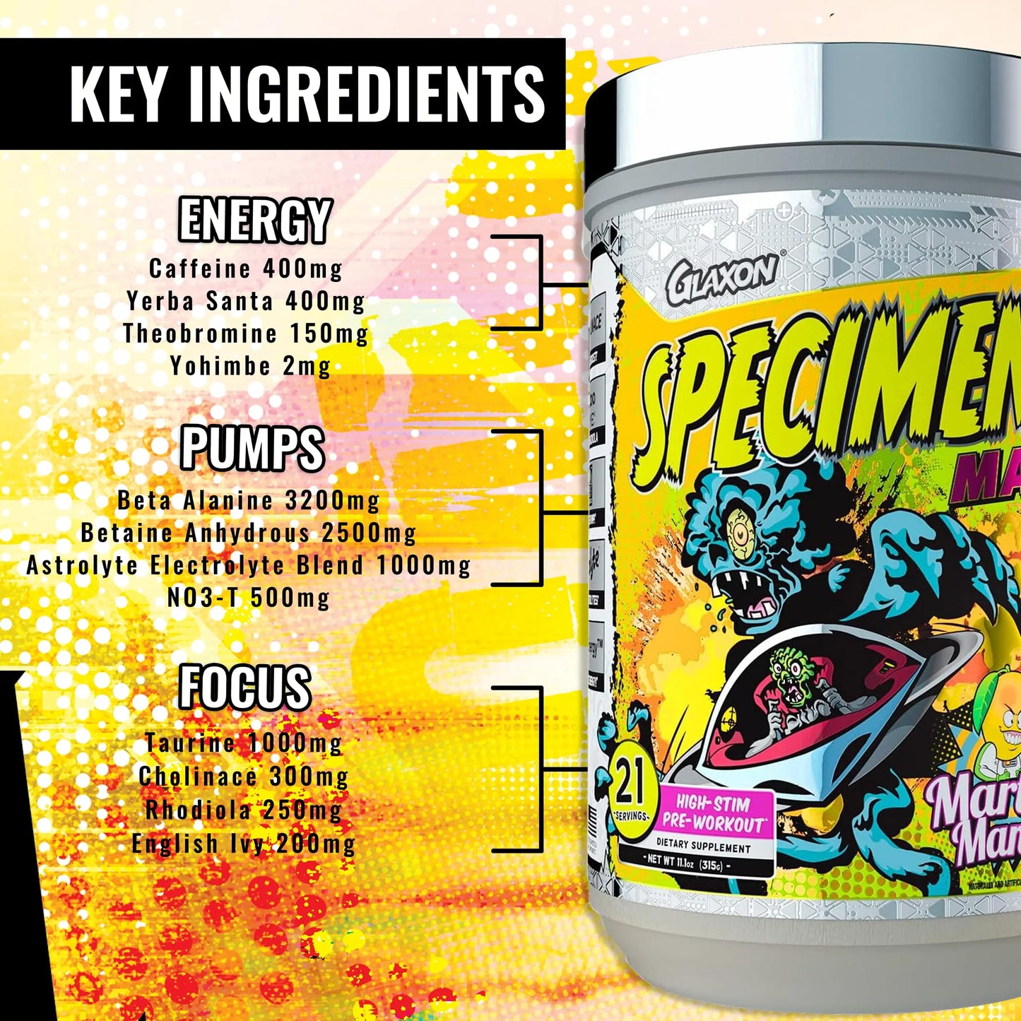 Glaxon Specimen Max High Stim Pre-Workout | 400mg Caffeine + 3200mg Beta Alanine Glaxon