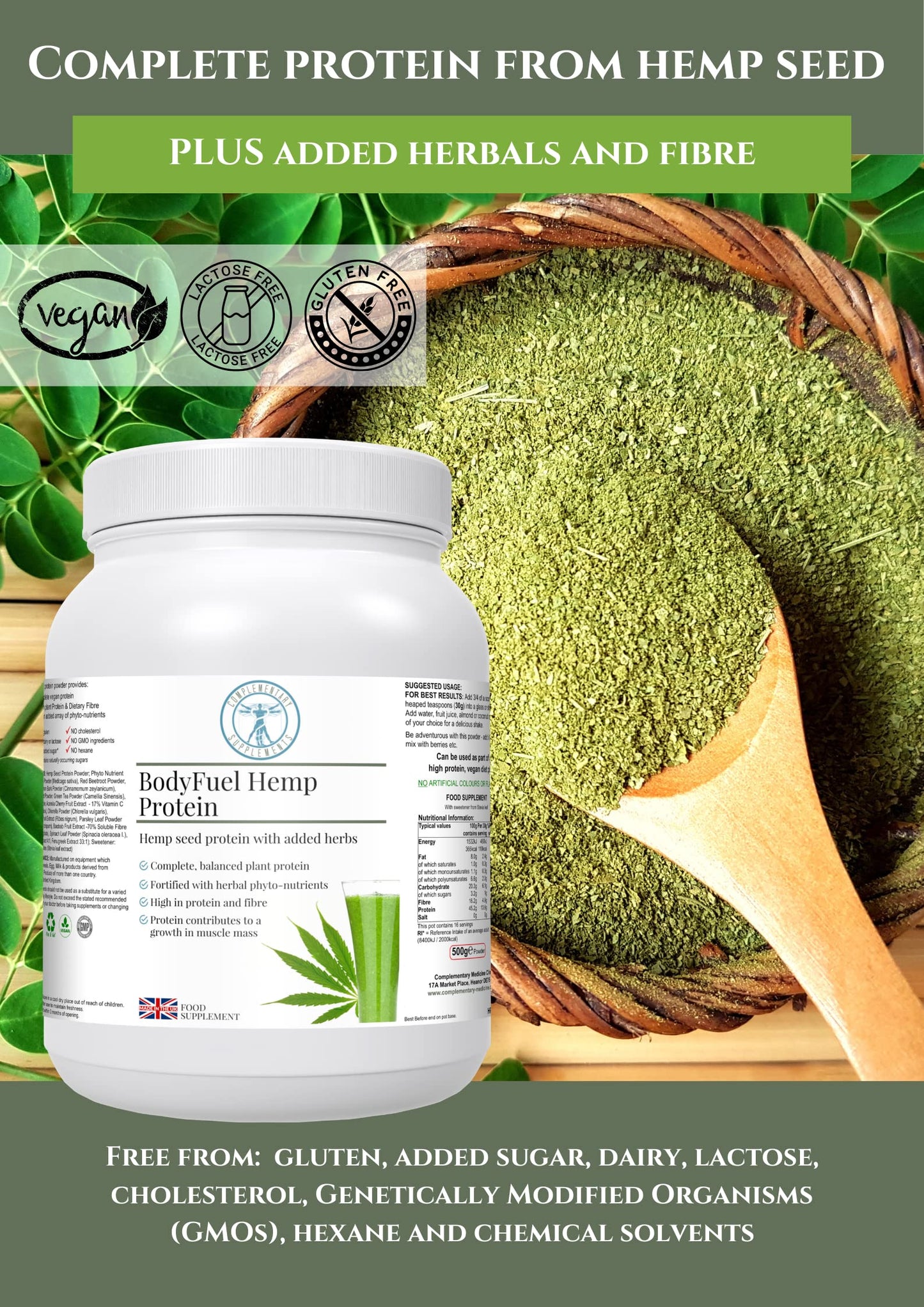 Complementary Supplements - BodyFuel Hemp Protein Powder Plus 14 Superfoods & Phytonutrients Complementary Supplements