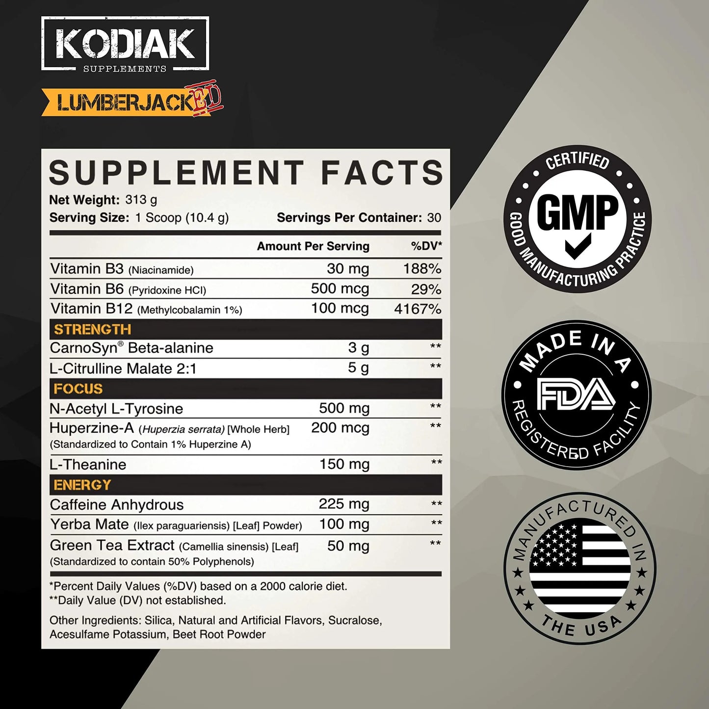 Kodiak Supplements LUMBERJACKED Pre-Workout Supplement with CarnoSyn 30 Servings Kodiak Supplements