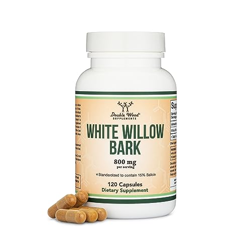 White Willow Bark Capsules 800mg per Serving, 120 Count (Willow Bark Extract Std. Double Wood Supplements
