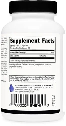 Primal Beta-Alanine Capsules 3400mg (30 Servings, 120 Capsules) - Supplement, Gluten Primal