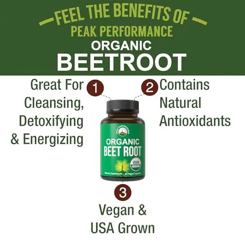 USDA Organic Beet Root Vegan Capsules. Beets Juice Powder Super Food Pills 1200 mg Peak Performance
