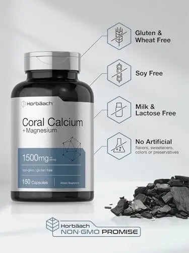 Coral Calcium 1500mg 150 Capsules | Plus Magnesium | Non-GMO, Gluten Free Supplement Horbäach