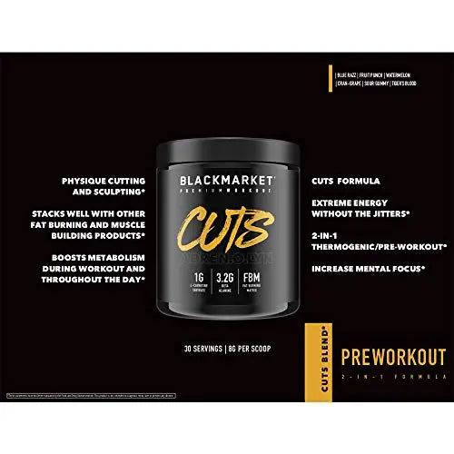 BLACKMARKET CUTS Pre Workout - Flavored Energy Powdered Drink Mix for Men BLACKMARKET