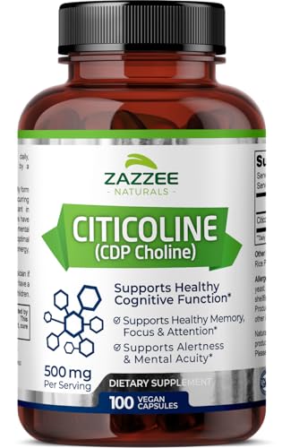 Zazzee Extra Strength Citicoline CDP Choline, 500 mg per Serving, 100 Vegan Capsules Zazzee