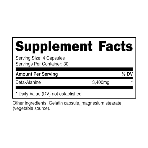 Primal Beta-Alanine Capsules 3400mg (30 Servings, 120 Capsules) - Supplement, Gluten-Free & Non-GMO, 850mg Per Cap