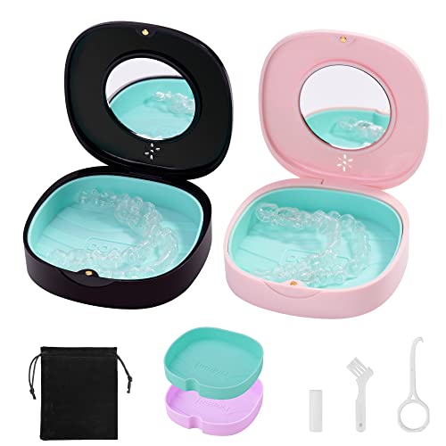 2 Pack Retainer Case with Vent Holes, Mirrors,Compatible with Invisalign,Night Guards Doboli