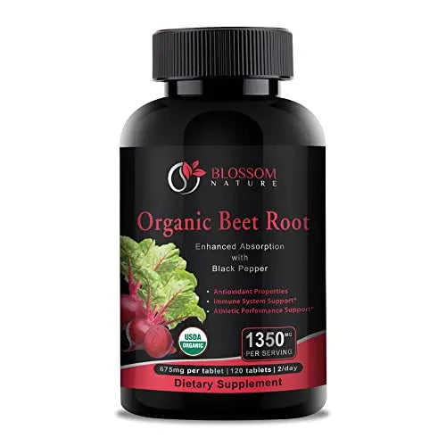 Organic Beet Root Powder 1350mg with Black Pepper-Nitric Oxide Booster, Digestive System Blossom Nature