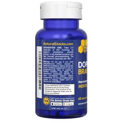 NATURAL STACKS Dopamine Brain Food - 650mg L-Tyrosine Supplement - Dopamine Supplement for Focus & Mental Drive - Supports Mental Energy - Neurotransmitter Support with B Vitamins - 60 Capsules NATURAL STACKSBuy Supplements Australia