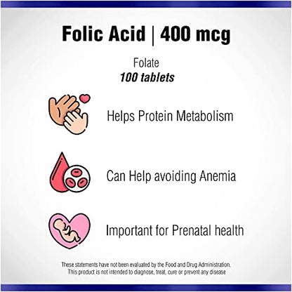 Folic Acid Supplement 100 Tablets 400 mcg by Natural Systems - Prenatal Vitamin for Women Perfect Natural Systems Naturasys