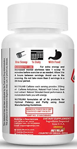 NutriJa Caffeine Powder Pre Workout Supplement - 100 Servings NutriJa