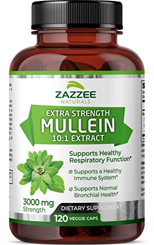 Zazzee Extra Strength Mullein 10:1 Extract, 3000 mg Strength, 120 Vegan Capsules Zazzee