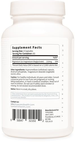 Type Zero Magnesium Glycinate (210mg | 180 Capsules) Pure, Non-GMO, Gluten Free