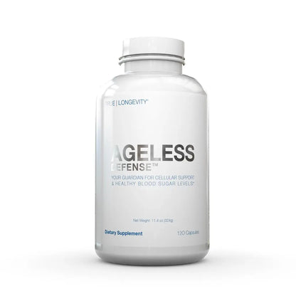 Supplement bottle labeled 'Ageless Defense' on a white background