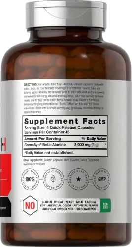 Beta Alanine Capsules | 3000mg | 180 Count | Non-GMO, Gluten Free Supplement Horbäach