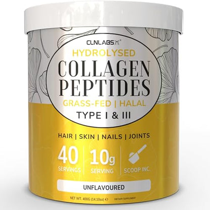 100% Pure Hydrolysed Collagen Peptides Powder - 400g Tub | Halal & Grass-Fed Bovine Collagen CLN Labs