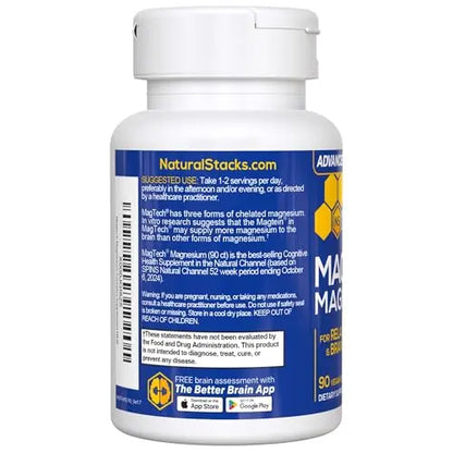 MagTech Magnesium Complex for Women & Men - 3 Forms of Magnesium: Glycinate, Magtein L-Threonate & Taurate - 200mg Chelated Complex NATURAL STACKS