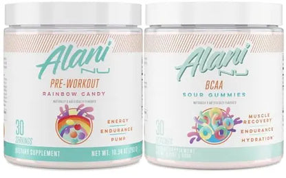 Alani Nu Rainbow Candy Pre Workout and BCAA Sour Gummies Post Workout Powder Alani Nu