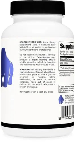 Primal Beta-Alanine Capsules 3400mg (30 Servings, 120 Capsules) - Supplement, Gluten Primal