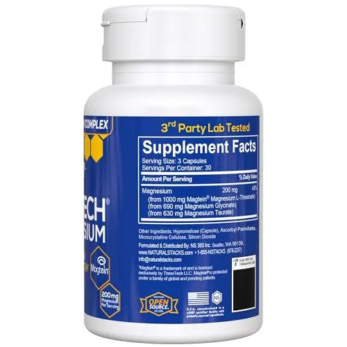 MagTech Magnesium Complex for Women & Men - 3 Forms of Magnesium: Glycinate, Magtein L-Threonate & Taurate - 200mg Chelated Complex NATURAL STACKS