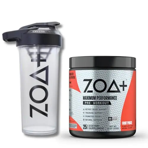 ZOA+ Pre-Workout Powder & Shaker Bottle Bundle, Fruit Punch ZOA