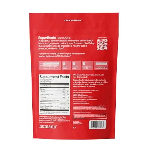 Humann SuperBeets Heart Chews, Beet Root Powder Support Energy Supplement, Nitric Oxide and Blood Pressure Support, Grape Seed Extract & Non-GMO Humann