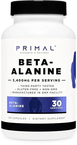 Primal Beta-Alanine Capsules 3400mg (30 Servings, 120 Capsules) - Supplement, Gluten Primal