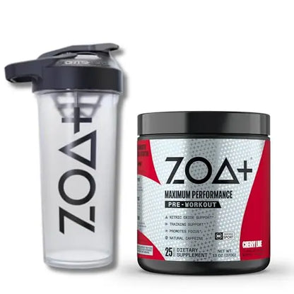 ZOA+ Pre-Workout Powder & Shaker Bottle Bundle, Cherry Limeade ZOA