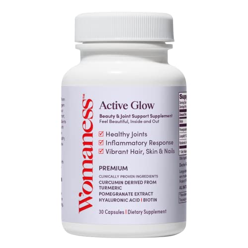 Womaness Active Glow Hair Skin and Nails Vitamins - Biotin, Longvida Curcumin & Hyaluronic Acid Womaness