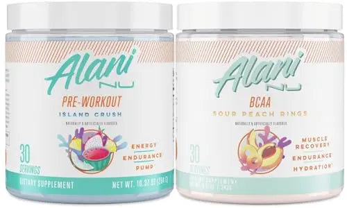 Alani Nu Island Crush Pre Workout and BCAA Sour Peach Rings Post Workout Powder Alani Nu