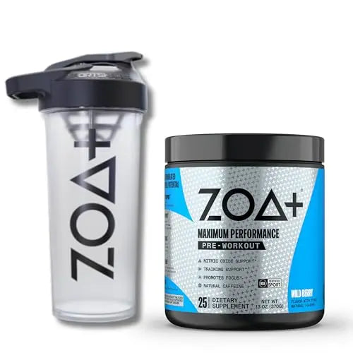 ZOA+ Pre-Workout Powder & Shaker Bottle Bundle, Wild Berry ZOA