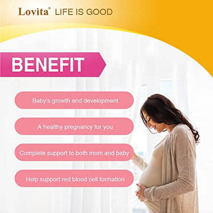 Lovita Prenatal Vitamins with Iron 27 mg, Folic Acid 800mcg & Calcium, Vegan Prenatal Vitamins Lovita