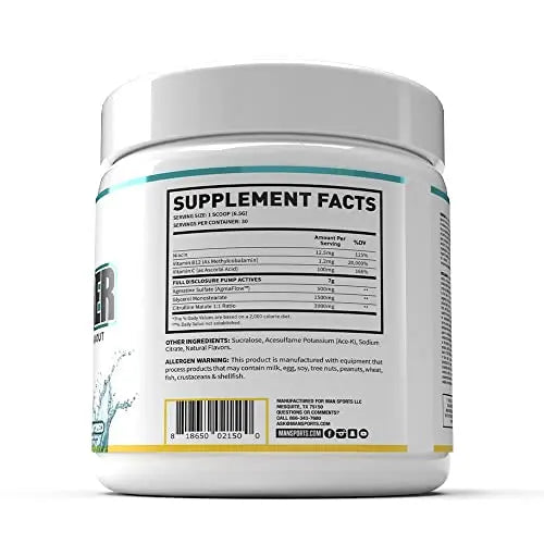 Man Sports Pump Powder. Stimulant Free Neutral Flavored Pre Workout Drink MAN Metabolic Augmenting Nutrition