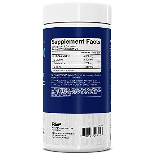 RSP BCAA 5000 (30 Serv), Premium BCAA Capsules for Post Workout Muscle Recovery RSP NUTRITION