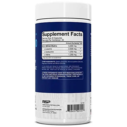 RSP BCAA 5000 (30 Serv), Premium BCAA Capsules for Post Workout Muscle Recovery RSP NUTRITION
