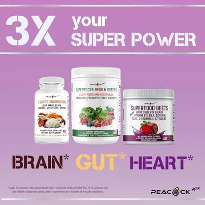 Peacock Max Superfoods Blend Immunity Support Vegan Gluten Free (Beets Nitric Oxide B12 Powder) Peacock Max