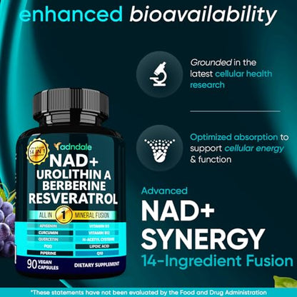Adndale NAD Supplement. Longevity Formula with Liposomal NAD+, Trans Resveratrol, Urolithin-A, Berberine, CoQ10. NMN Supplement Alternative. 90 Count AdndaleBuy Supplements Australia