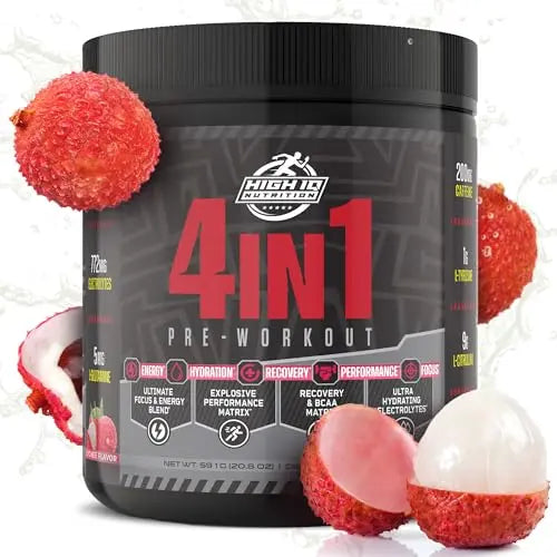High IQ Nutrition 4 in 1 Lychee Flavored Pre Workout Powder 200mg Caffeine | Energy, Focus High IQ Nutrition