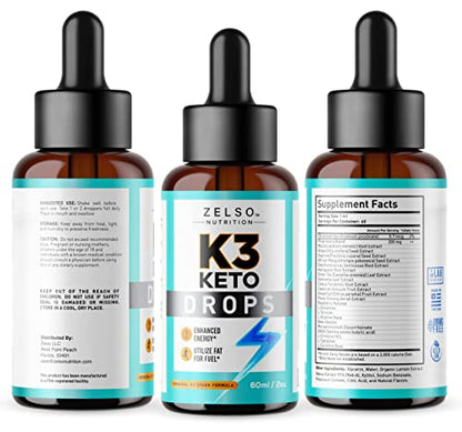(3 Pack) K3 Keto Drops for Weight Loss - Fat Burner & Metabolism Booster | Advanced Keto ZELSO